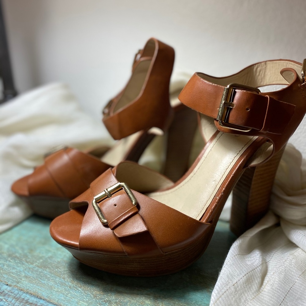 Camel Heeled Sandals with Gold Hardware